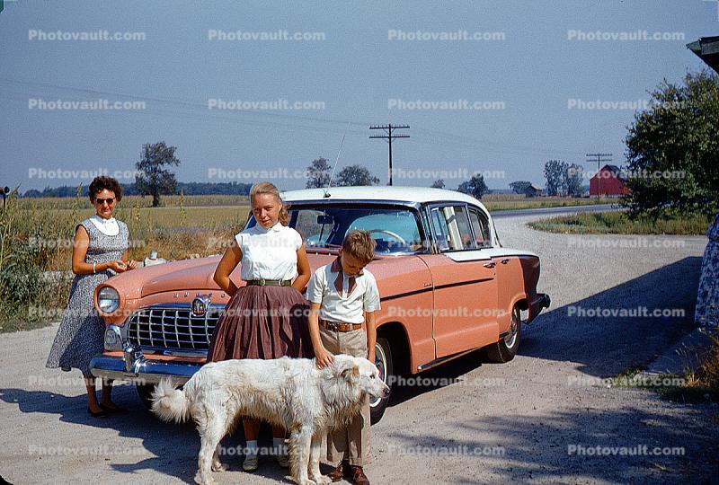 1955 Nash Rambler, Mother, Daughter, Son, Dog, Midwest, 1950s