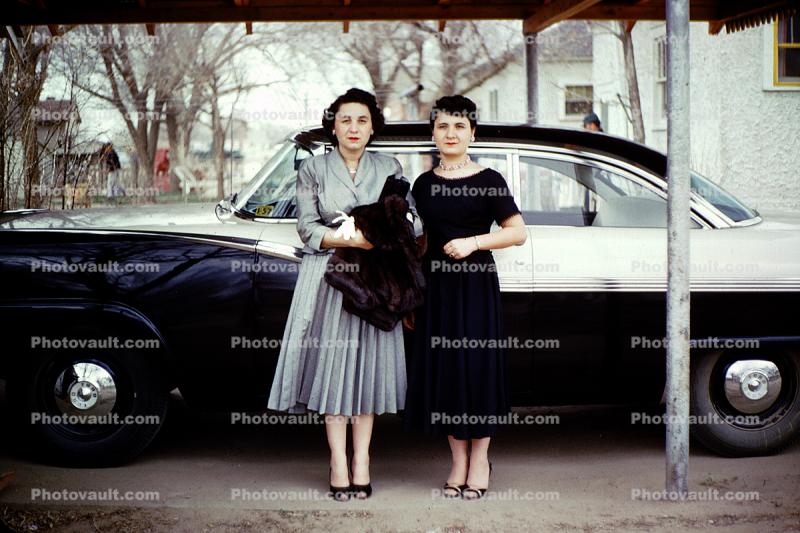 Women, Formal Dress, Mink Fur, Ford Car, 1950s