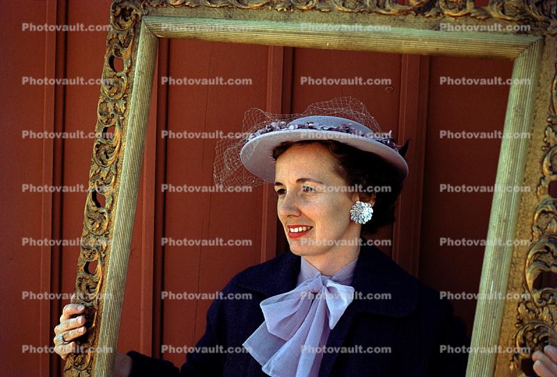Woman in a Frame, hat, Bow Tie, Ear, Earrings, Fashion Jewelry, 1940s