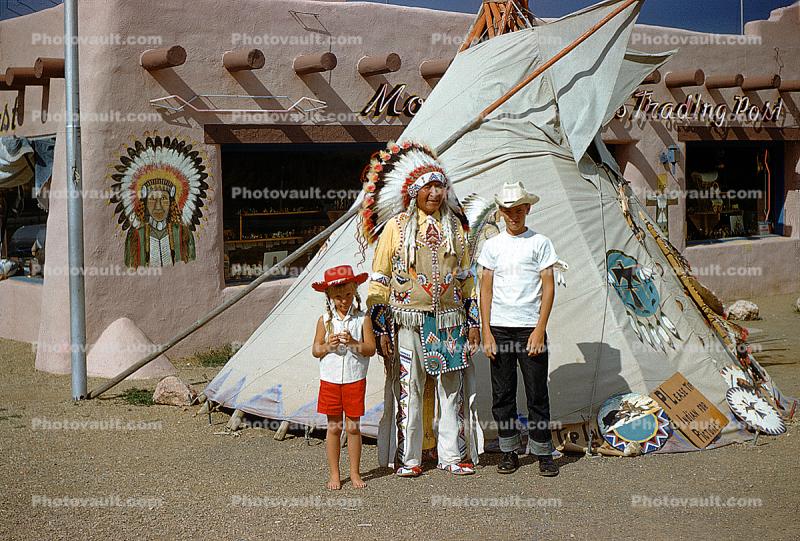Indian Chief, girl, boy, Trading Post, Warbonnet, 1960s