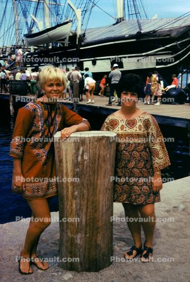 Two Women, friends, mod dress, Balclutha, Hyde Street Pier, 1960s