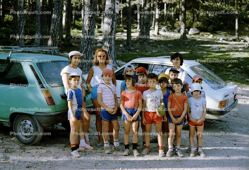 Campground, summer camp, children, boys, girls, cars, 1960s