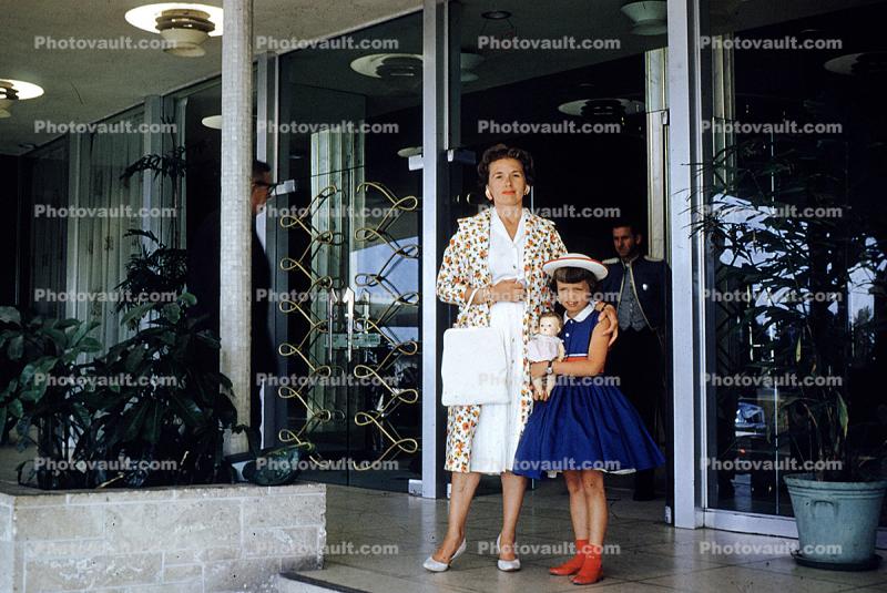 Mother with Daughter, doll, hat, formal dress, 1950s