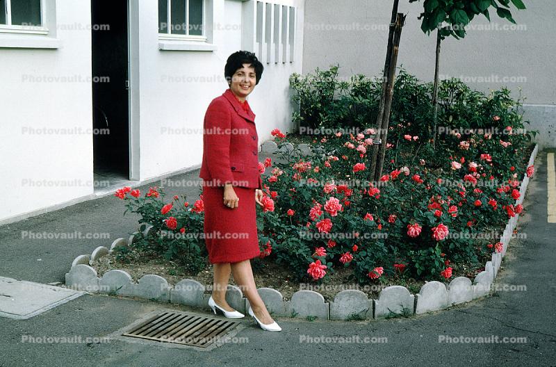 Woman, red dress, high heels, footwear, jacket, garden