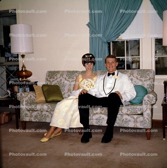 Woman and Man going out on a prom, suit, formal attire, flowers, 1960s