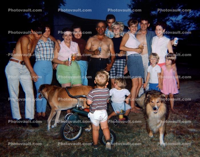 Family Group, tricycle, collie dog, men, women, 1960s