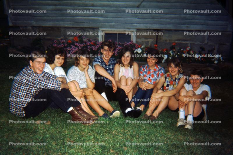 Group Portrait, Teenagers, Friends, dog, smiles, 1960s