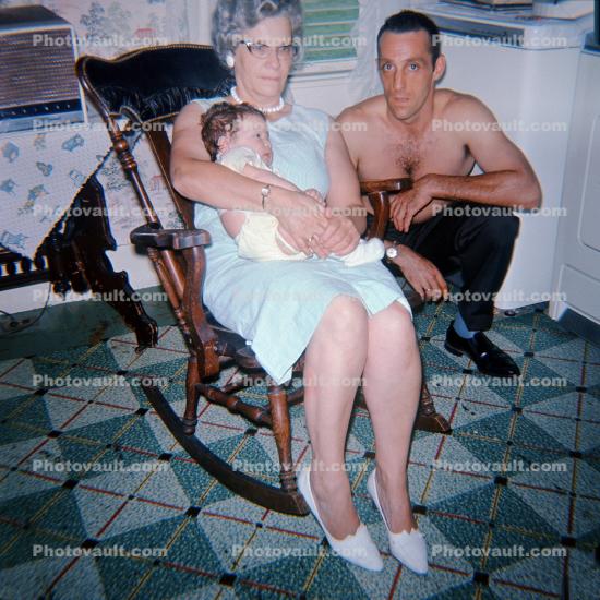 Grandmother with Baby Boy, father, woman, man, cuddler, Rocking Chair, 1950s