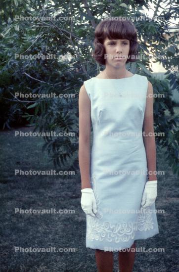 Teen Lady in her dress, gloves, 1960s
