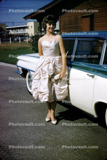Woman, 1959 Pontiac Station Wagon, formal dress, 1950s