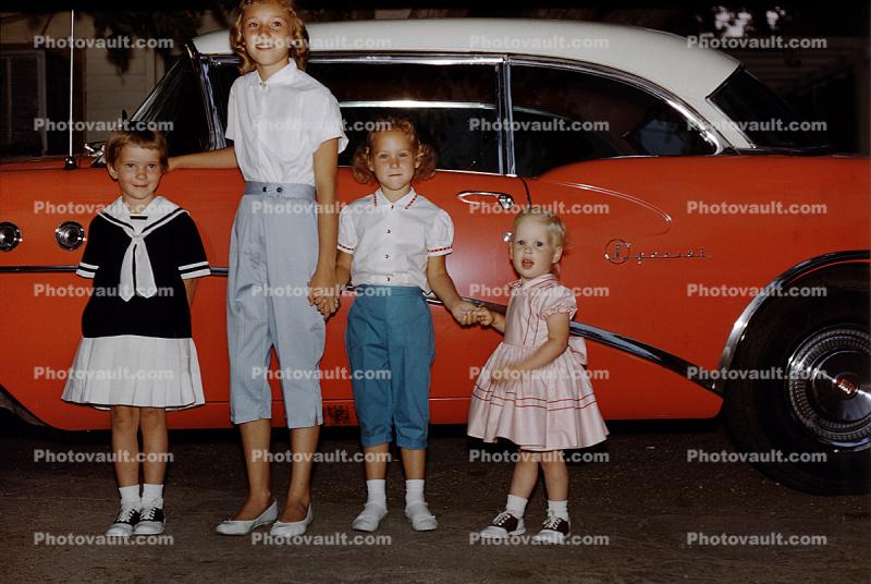 Girls, Sailor Suit, teenager, 1955 Buick Special, car, 1950s