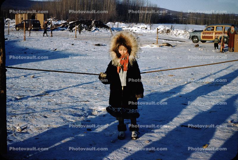 Esckimo Girl, Ford, Woody Car, snow, ice, cold, coat, 1950s