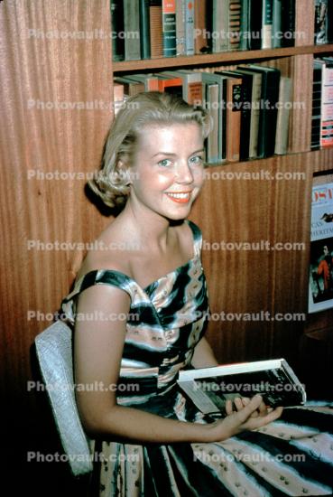 Smiling Blonde Woman, Dress, Book Shelf, Library, 1940s
