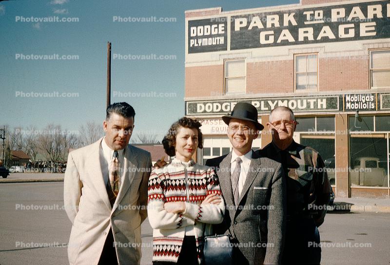 Men, Woman, standing, Dodge Plymouth car dealer, 1940s