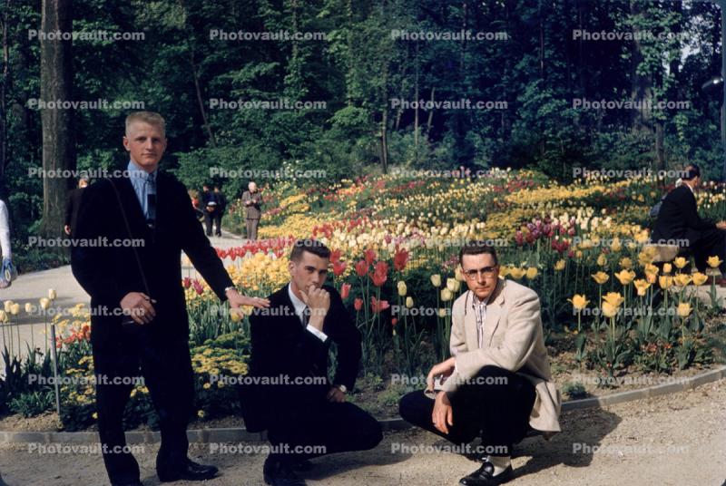 Guys at a Tulip Garden, Men, Belgium World Fair, 1958