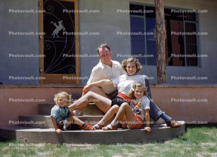 Family on the Front Steps, Home, group, daughters, 1940s
