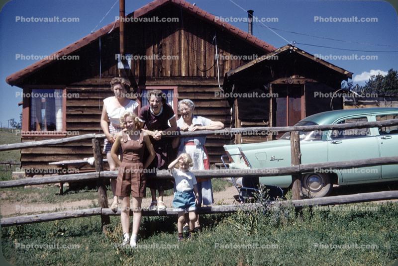 Family Group, Fence, Car, House, 1957, 1950s
