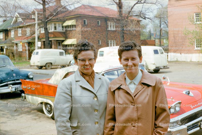 Flo and Joan, Two Sisters Smiling, cars, suburbian, May 1959, 1950s