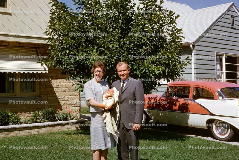Linda, Jack, Sheila, Baptism, Man Woman and Baby, bundled, Car, Home, 1950s