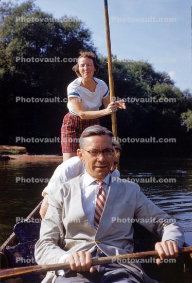 Man on a Rowboat, Woman, Lake, August 1959, 1950s