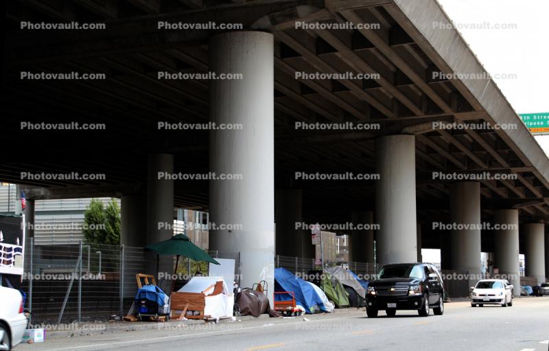 Homeless Encampment, shantytown, tents, shelter, cars, SUV, 7th Street, Interstate Highway I-280