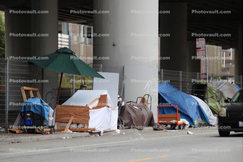 Homeless Encampment, shantytown, tents, shelter, 7th Street, Interstate Highway I-280