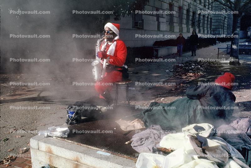 Santa Claus Homeless Man Playing Saxaphone