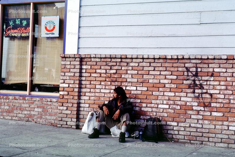 Man Sitting, Sidewalk, Brick, Great Wall Chinese Cafe