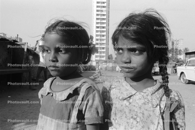 Girls, friends, Shanty Home, Shack, apartment buildings, slum, Mumbai, India