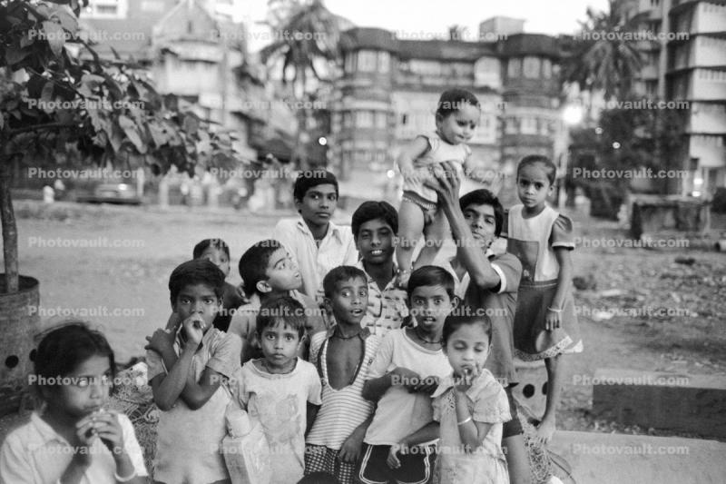 Shanty Homes, group, boys, girls, apartment buildings, slum, Mumbai, India