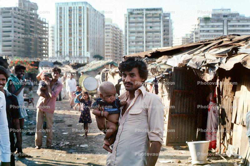 Father with Baby Boy, slum, apartments, buildings, contrast, rich, poor, Nariman Point