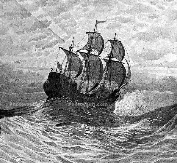 Mayflower, Pilgrims, sailing, ocean waves, swells, wind, sails