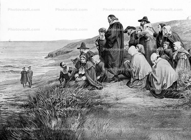 The Pilgrim Fathers watching the Receding of the Mayflower, Plymouth Rock, Pilgrims arrive in Plymouth New England, praying, thankful, giving thanks