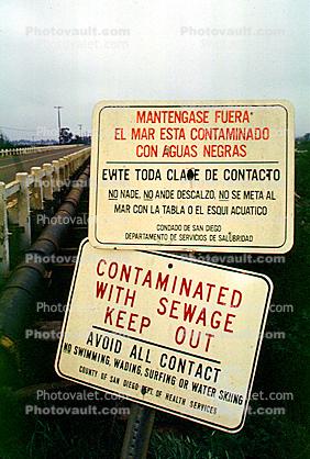 Contaminated with Sewage, Keep Out, Caution, warning