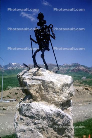 France and Andorra Border, rock, skier statue, July 1971, 1970s