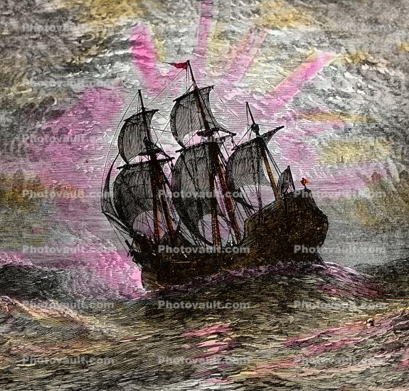 Mayflower, Pilgrims, sailing, ocean waves, swells, wind, sails