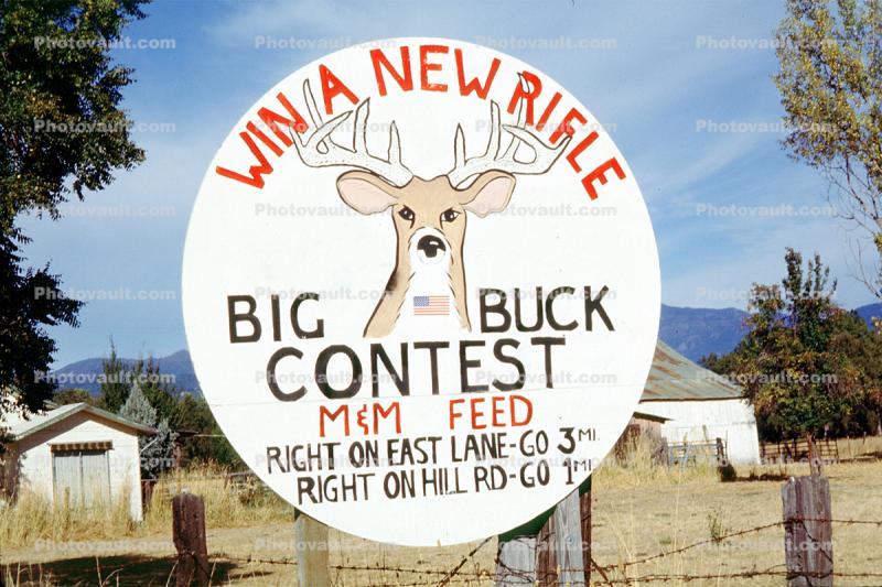 Win A new Rifle, Big Buck Contest, M&M Feed, shooting range, 1950s