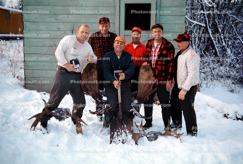 Moose Antlers, men laughing, snow, cold, 1950s
