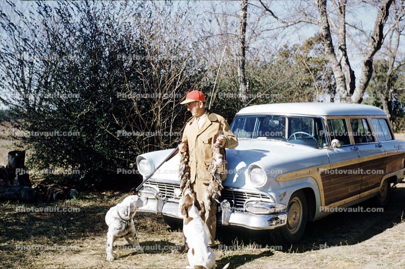 Ford Station Wagon, Car, Automobile, Vehicles, Rifle, Hunting Dog, Woody, Wood Side Panel, December 1957, 1950s