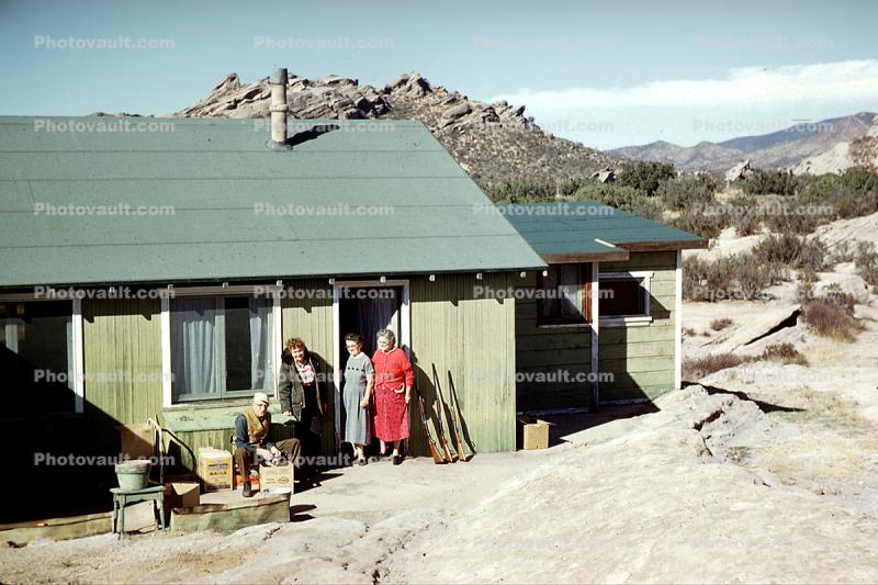 home, house, women, desert, rifle, Vasquez Rocks, December 1958, 1950s
