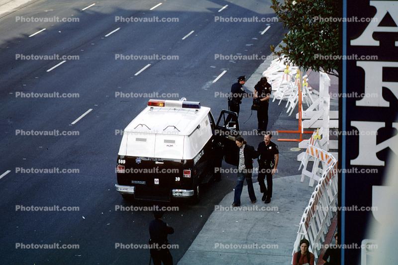 1984 Democratic Convention, Moscone Center, San Francisco, California, police van, arrest, 1980s