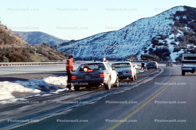 Squad car, CHP, Snow, Interstate Highway I-5, The Grapevine Grade
