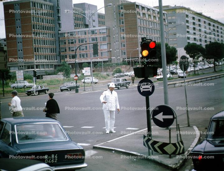 Traffic Lights, cars, street, Rome Italy, July 1968, 1960s