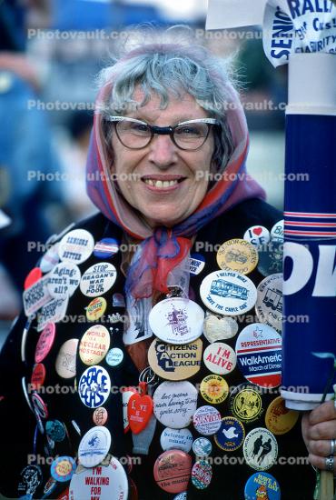 Protester with Cat eye Glasses, smile Woman, Buttons, Democratic  National Convention, Mosonce Convention Center, 16 July 1984