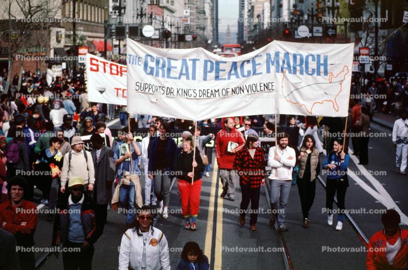 Great Peace March banner, Martin Luther King Jr. Day Parade, MLK, June 20 1986, 1980s