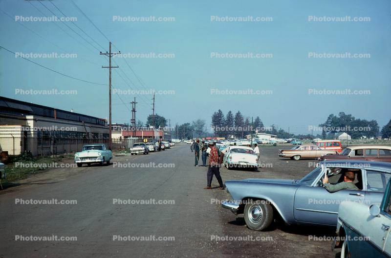 Strikers Assemble somewhere in the midwest, cars, street, Chevy, Ford, 1950s