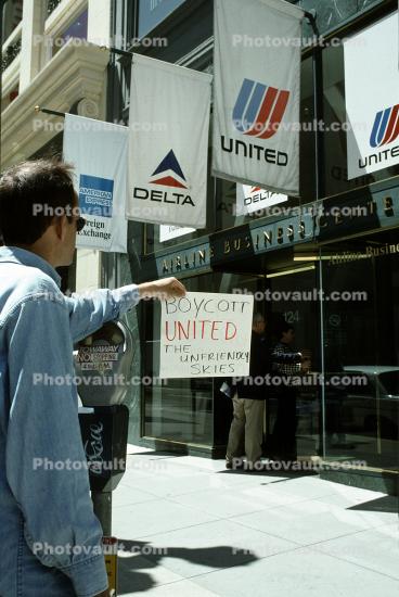 Boycott United sign, Boycott United Airlines, 26 May 1997