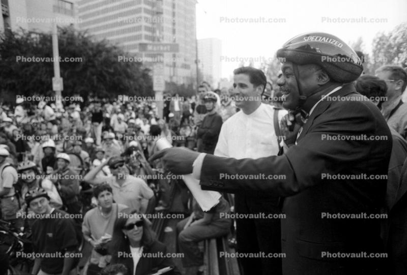 Mayor Willie Brown at Critical Mass Rally, Bicyclist Riders Protest, 25 July 1997