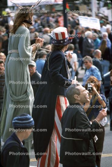 Stilts, Uncle Sam, Crowds, Protesting War, Statue of Liberty
