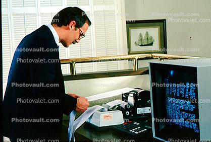 Business Man, monitor, office, worker, employee, desk, people, trader, broker, stocks and bonds, roll paper printer, printout, 1984, 1980s, businessman